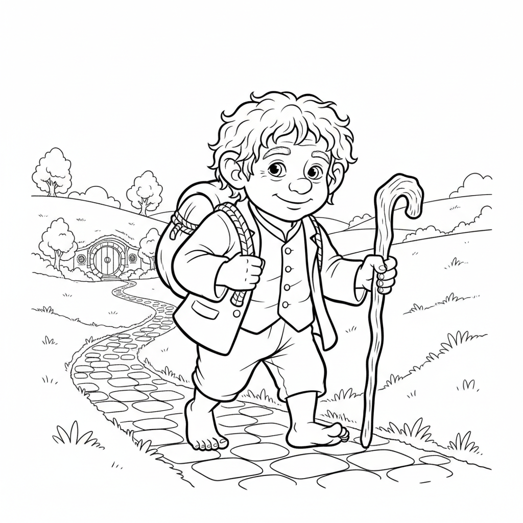 Bilbo Baggins bär en liten packning och vandringsstav.