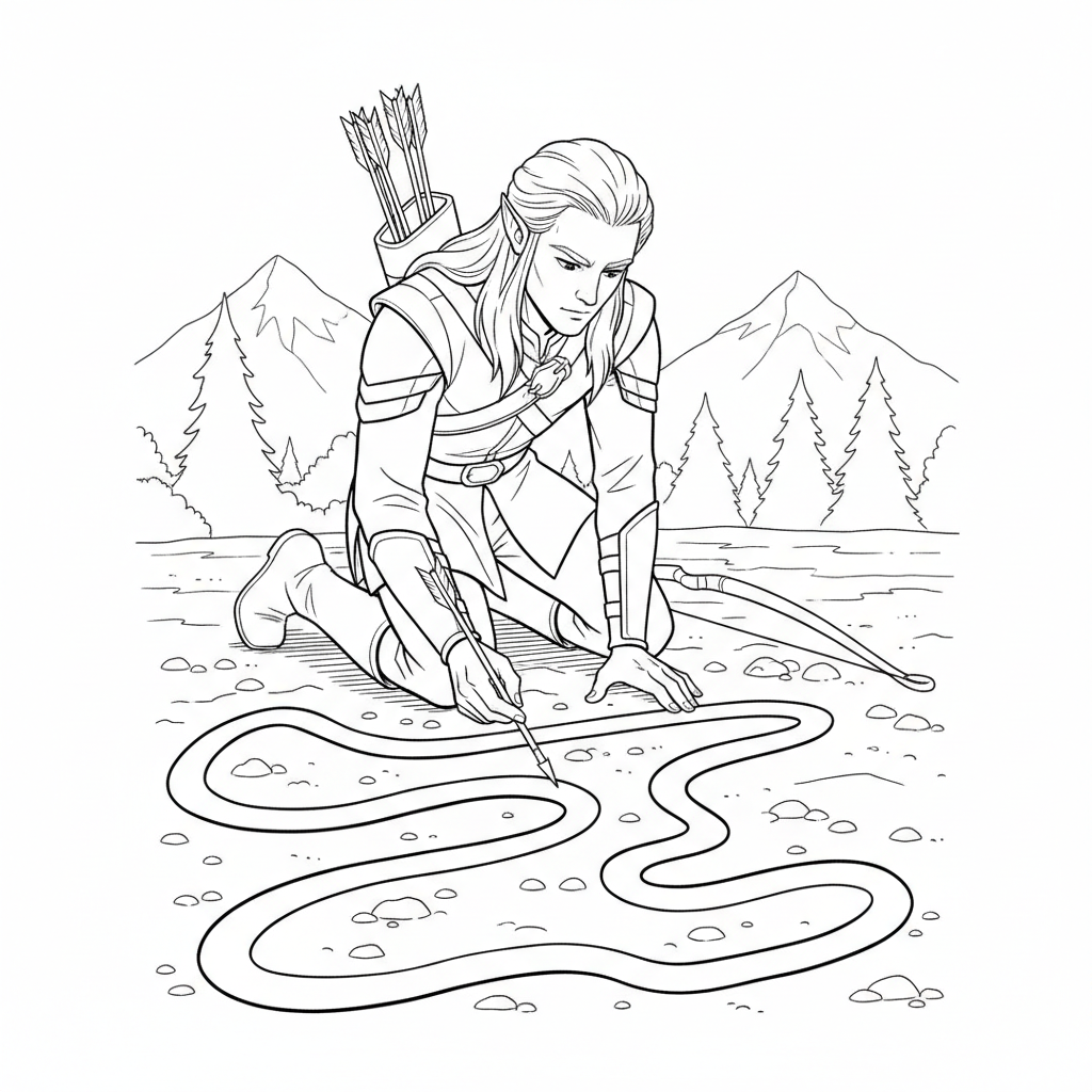Legolas ritar enkel bana i marken med pilspetsen.