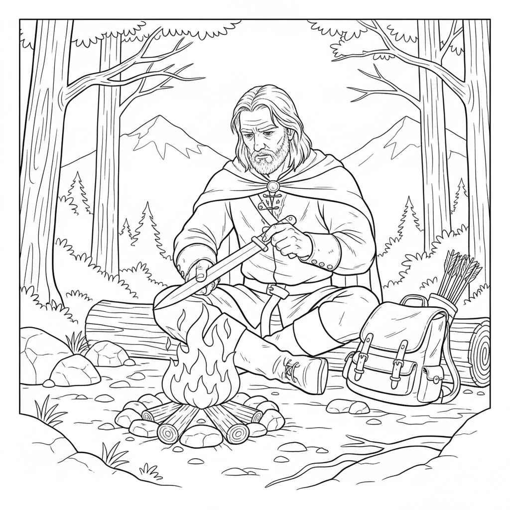 Aragorn sitter vid brasa och vässar kniv.