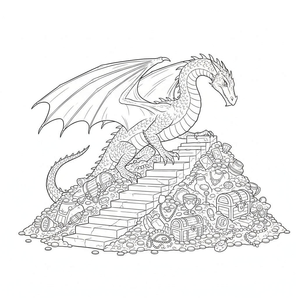 Smaug klättrar över krossade trappsteg i skatten.