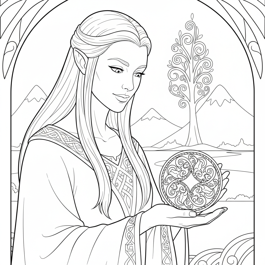 Galadriel ser ner på en brosch med alvmönster.