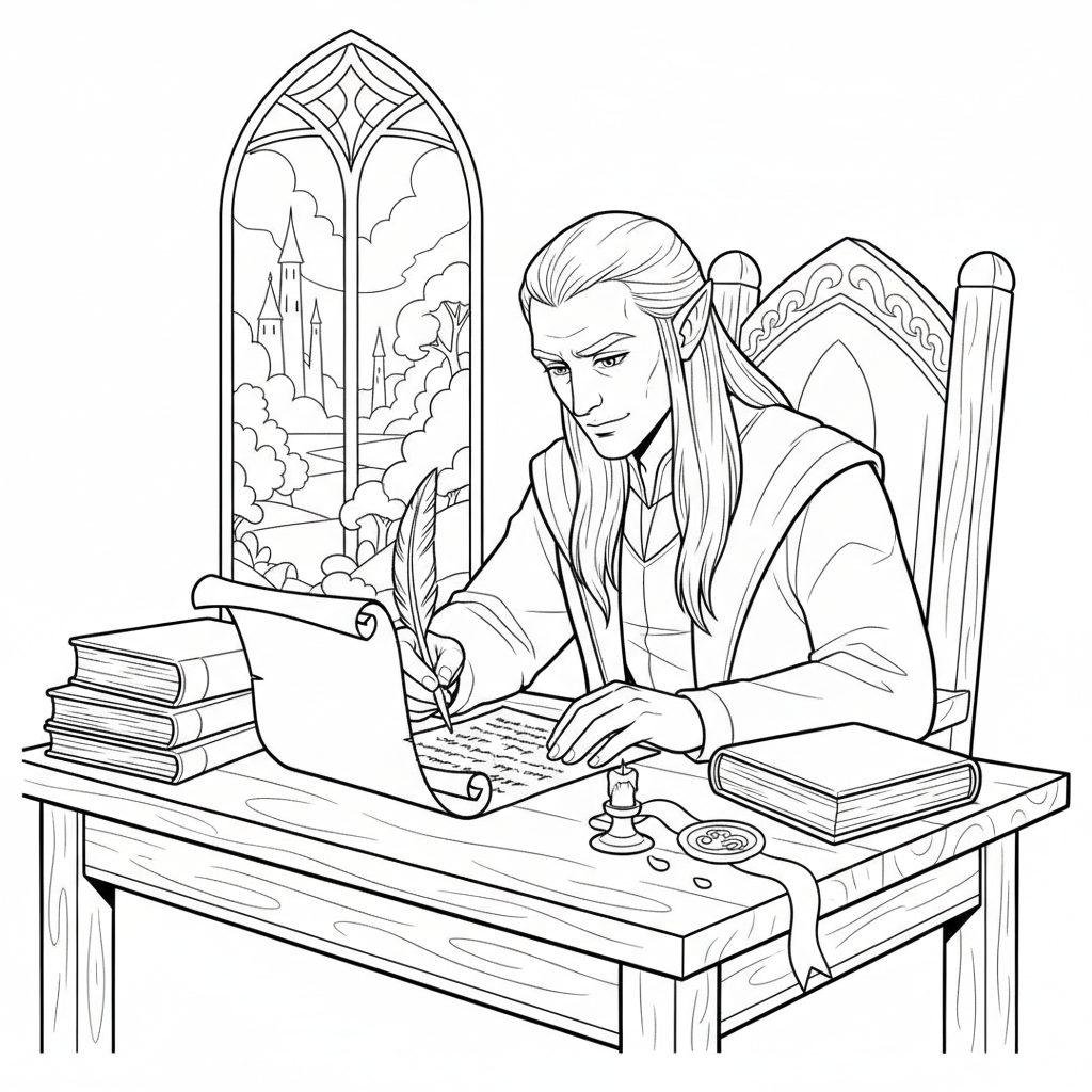 Elrond läser vid skrivbord med pergament och sigill.