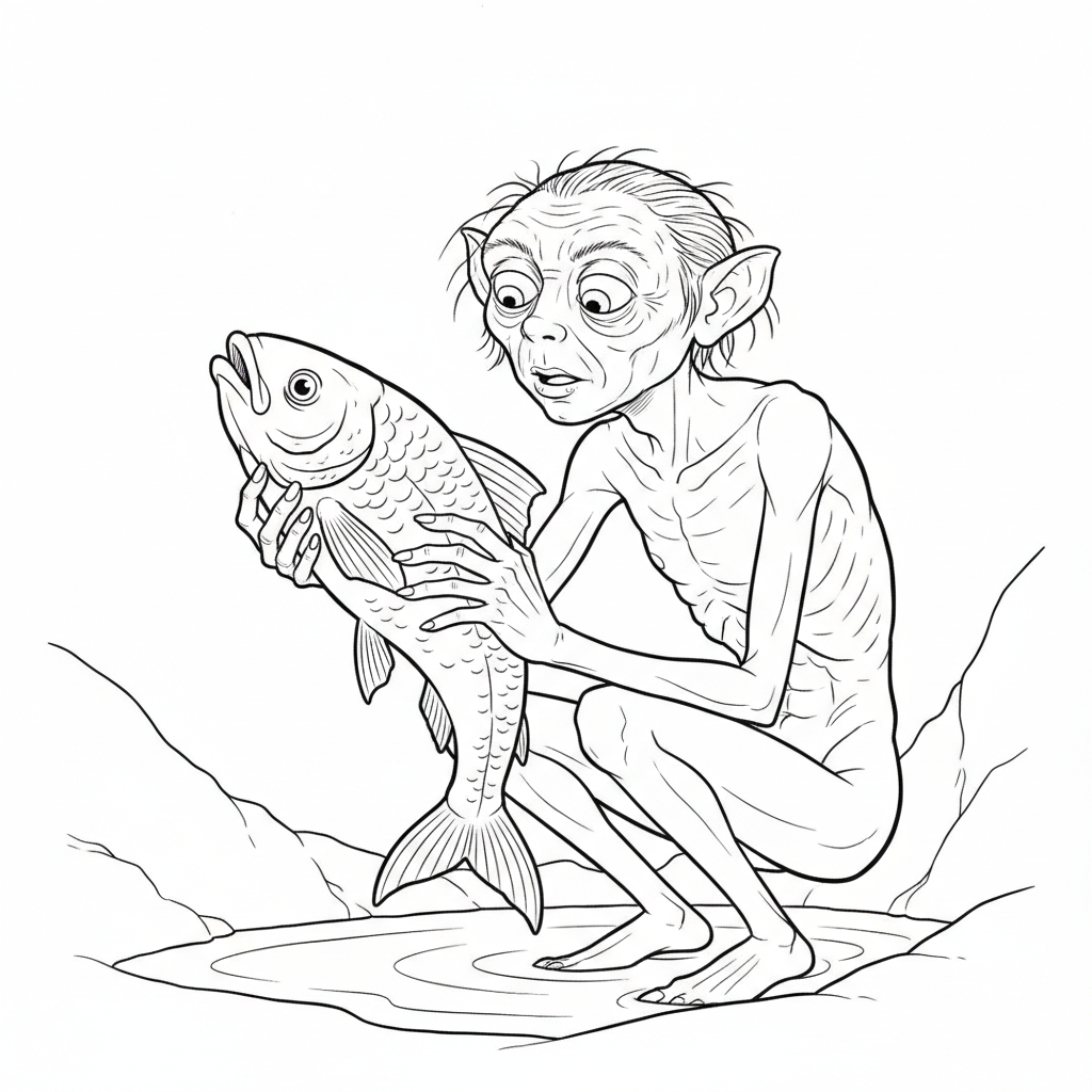 Gollum håller fisk med båda händerna, nyfiket.