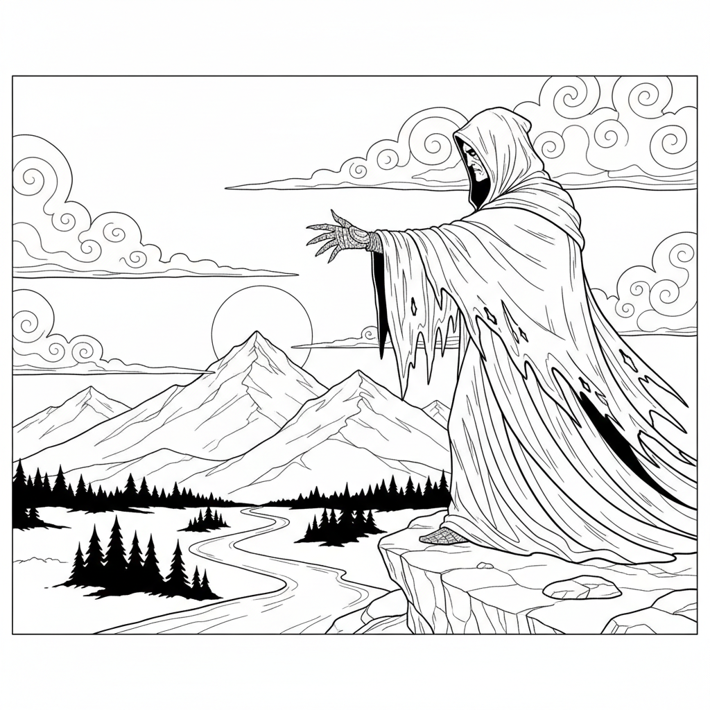 Nazgûl sträcker hand i lång ärm mot horisonten.