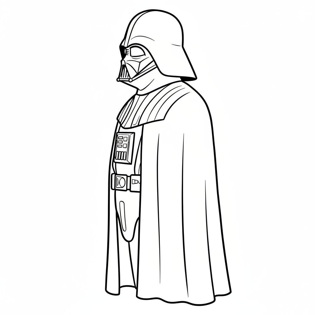 Darth Vader i sidoprofil med mantel som faller rakt.