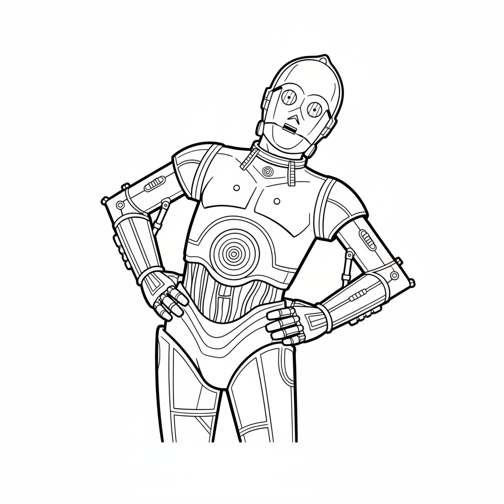 C-3PO lutar sig bakåt, händerna på höfterna.