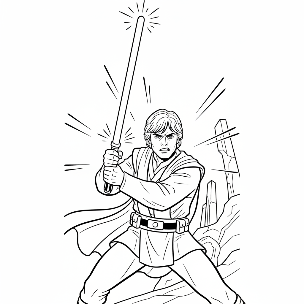 Luke Skywalker håller lightsabern tänd rakt upp.