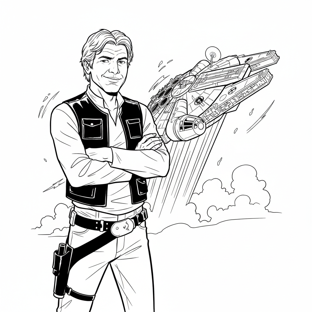 Han Solo korsar armarna och ler snett.