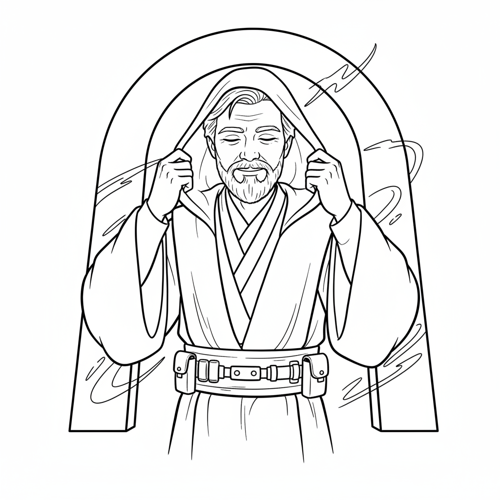 Obi-Wan Kenobi drar huvan bakåt och ler lugnt.