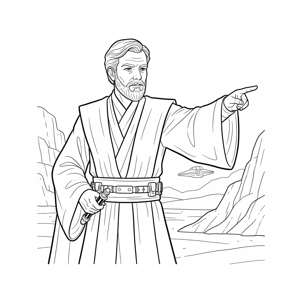 Obi-Wan Kenobi pekar med två fingrar åt sidan.