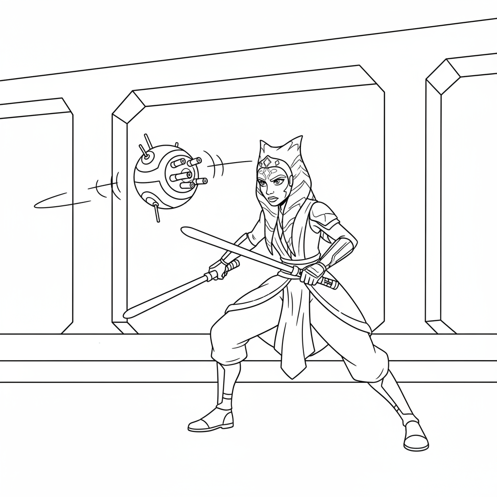 Ahsoka Tano tränar med träningdroid, sabeln sänkt.