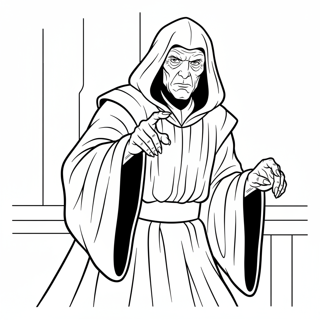 Emperor Palpatine pekar långsamt med krokigt finger.
