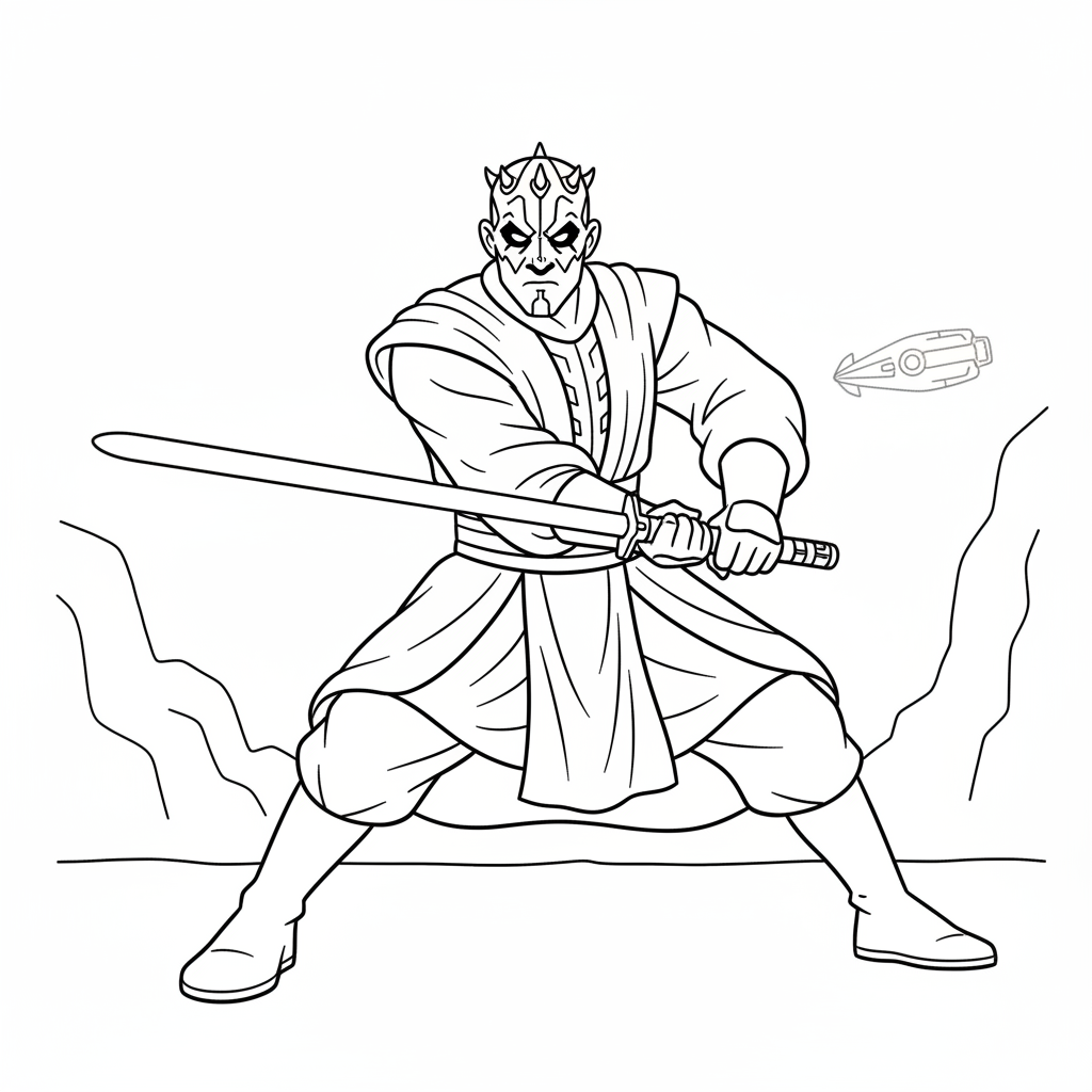 Darth Maul håller dubbelbladig lightsaber horisontellt.