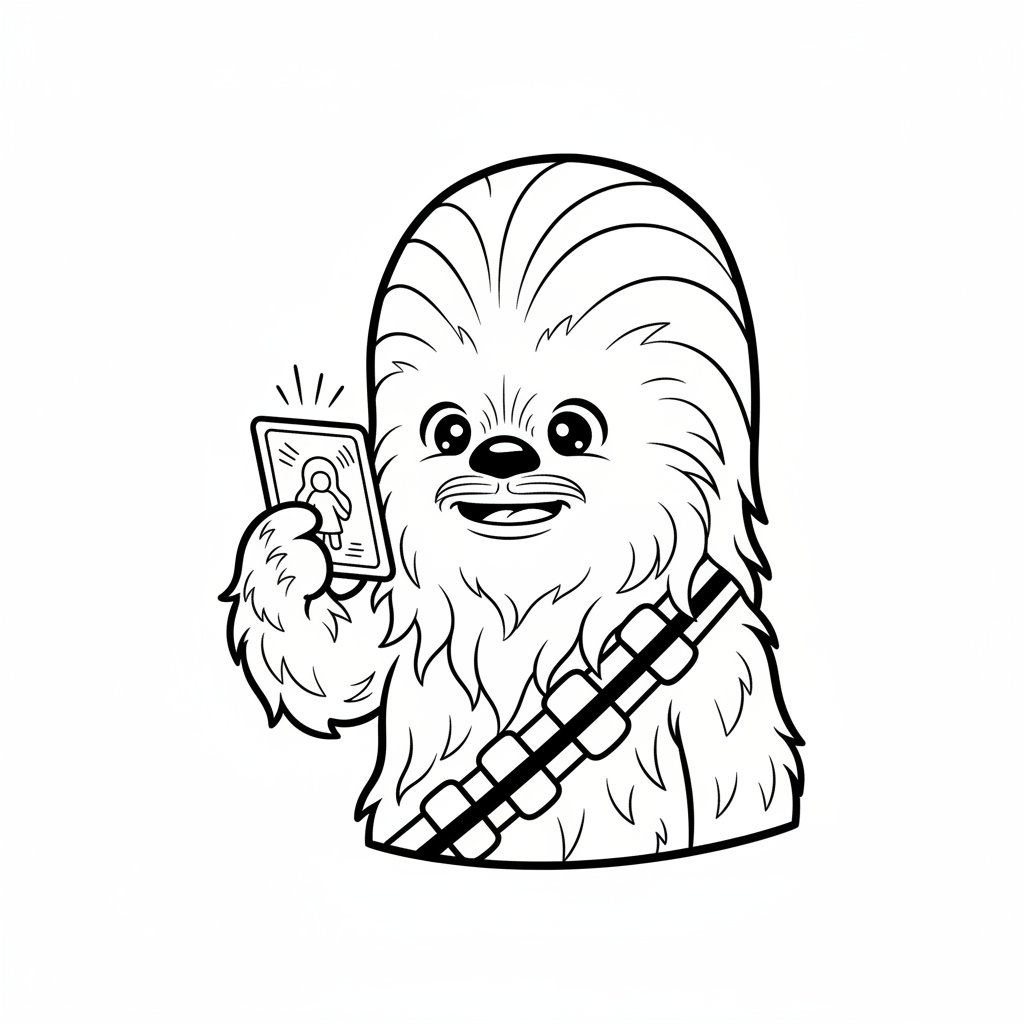Chewbacca håller ett hologramkort nära ögat.