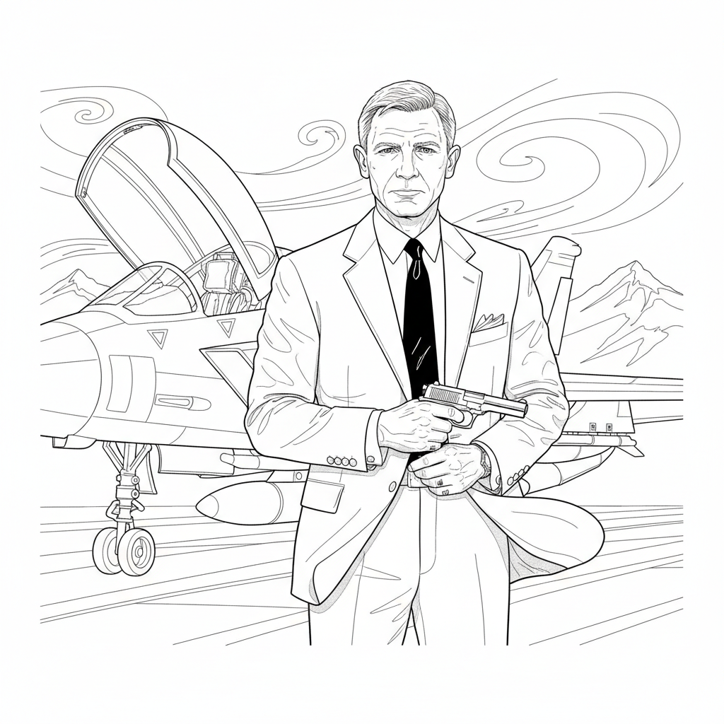 James Bond står framför jet med vind som drar i kavajen.