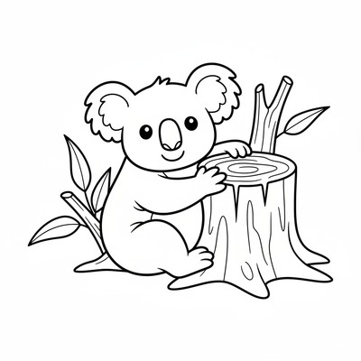 Koala som lutar sig mot en stubbe
