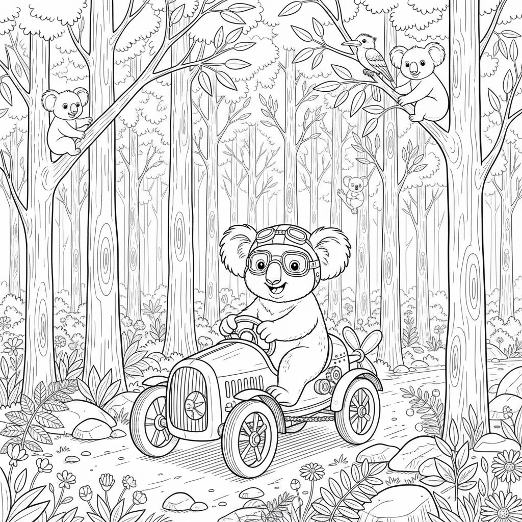 Koala som kör en liten trampbil genom skogen