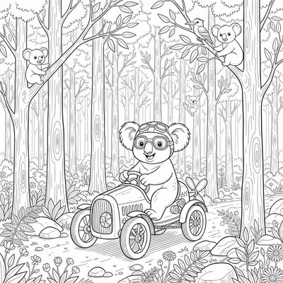 Koala som kör en liten trampbil genom skogen