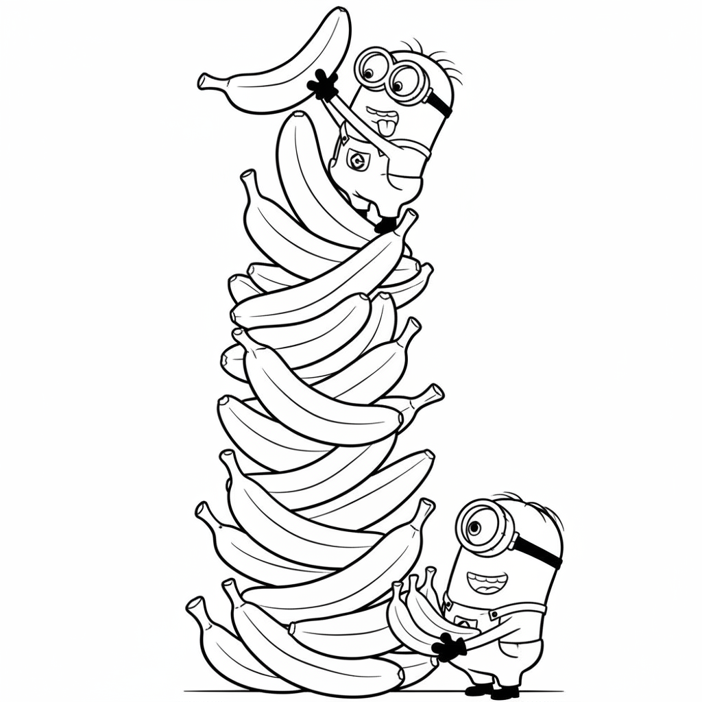 Två Minions bygger ett högt torn av bananer.