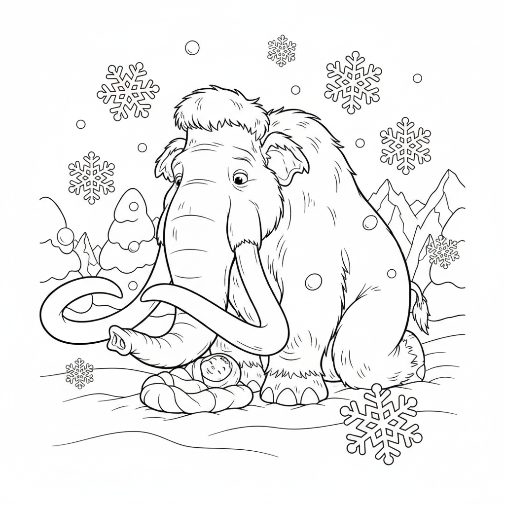 Ice Age – Manny skyddar en liten människobebis i snön.