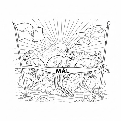 Kängurur som tävlar i löpning med flaggor vid mål