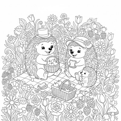 Igelkottfamilj som har picknick bland blommor och bärbuskar