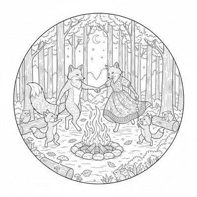 Rävfamilj som dansar runt en lägereld i skogen
