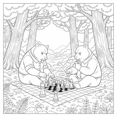 Björnar som spelar schack på en filt i skogen