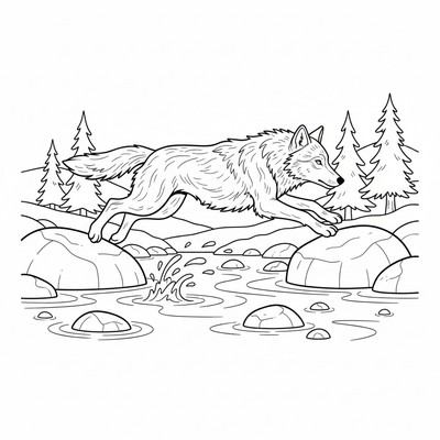Varg som korsar en bäck