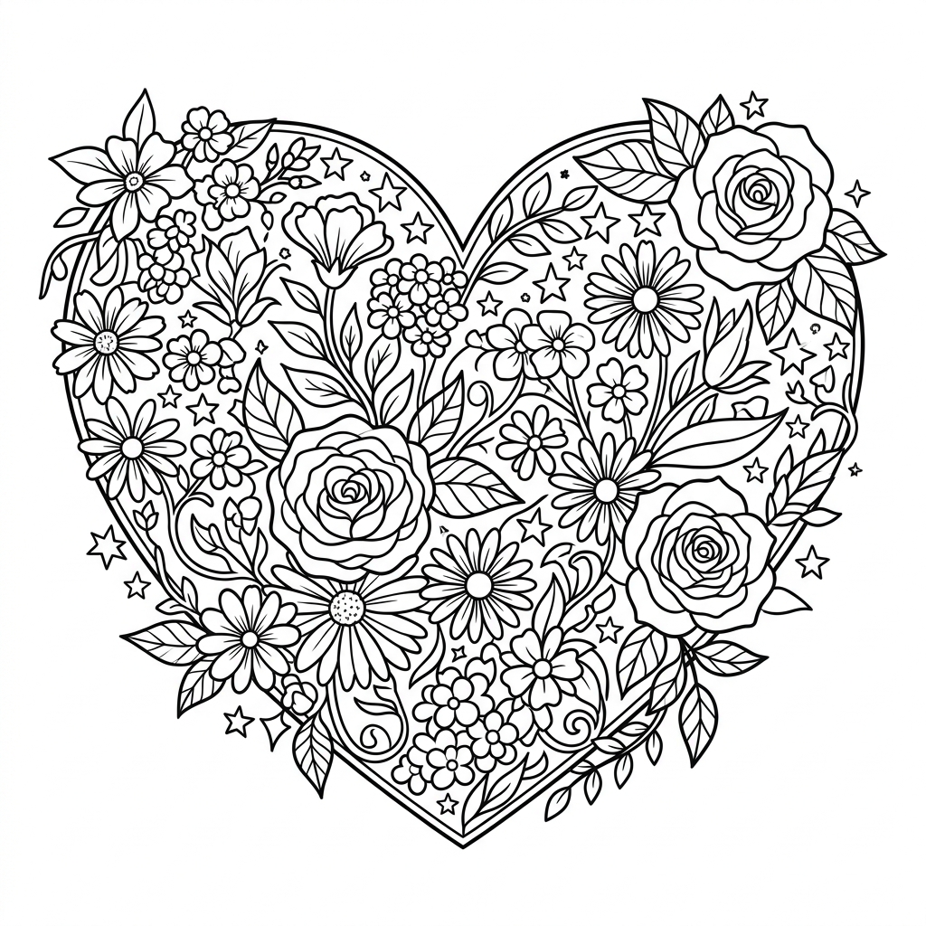 Ett stort hjärta fyllt med blommor, blad och stjärnor