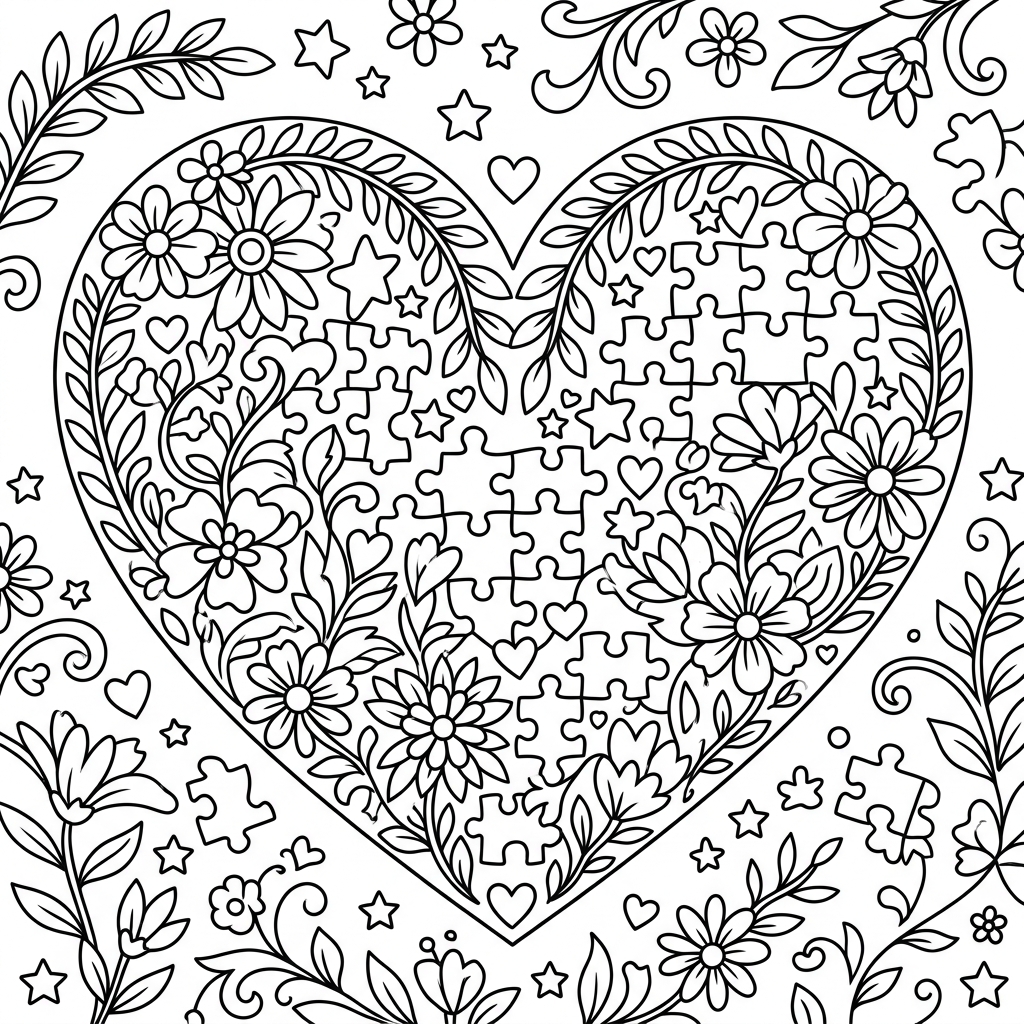 Ett stort hjärta. Texten TILLSAMMANS. blommor, blad, stjärnor, pusselbitar, små hjärtan