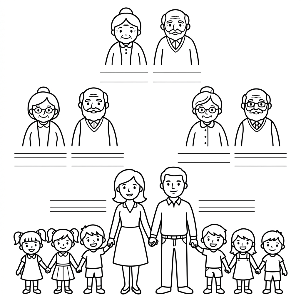barn mamma pappa mormor morfar farmor farfar gammelfarmor gammelfarfar där man kan skriva deras namn med rader där namnen kan skrivas
