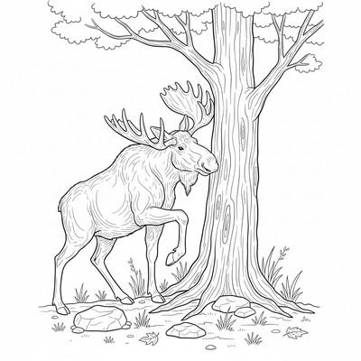 Älg som kliar sig mot ett träd