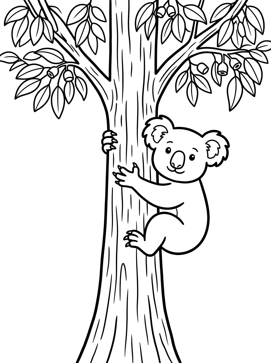 Koala klättrar i eukalyptusträd