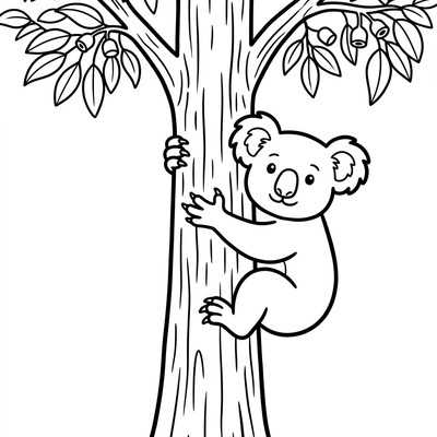 Koala klättrar i eukalyptusträd