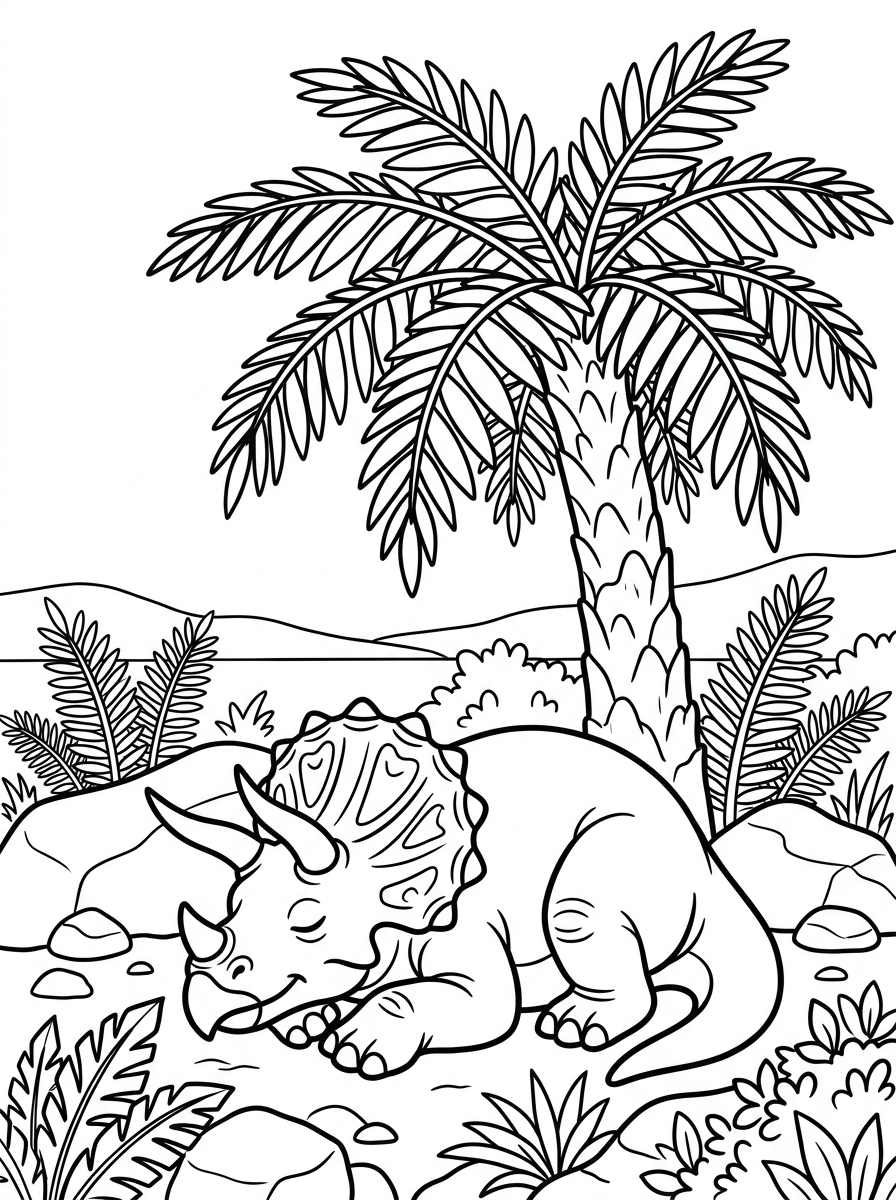 Triceratops vilar under palmträd