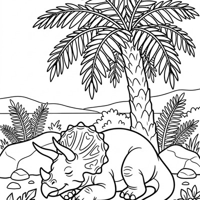 Triceratops vilar under palmträd