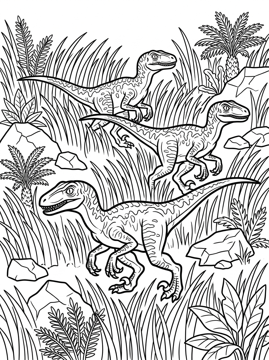 Velociraptorflock jagar i högt gräs