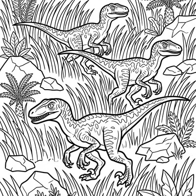 Velociraptorflock jagar i högt gräs