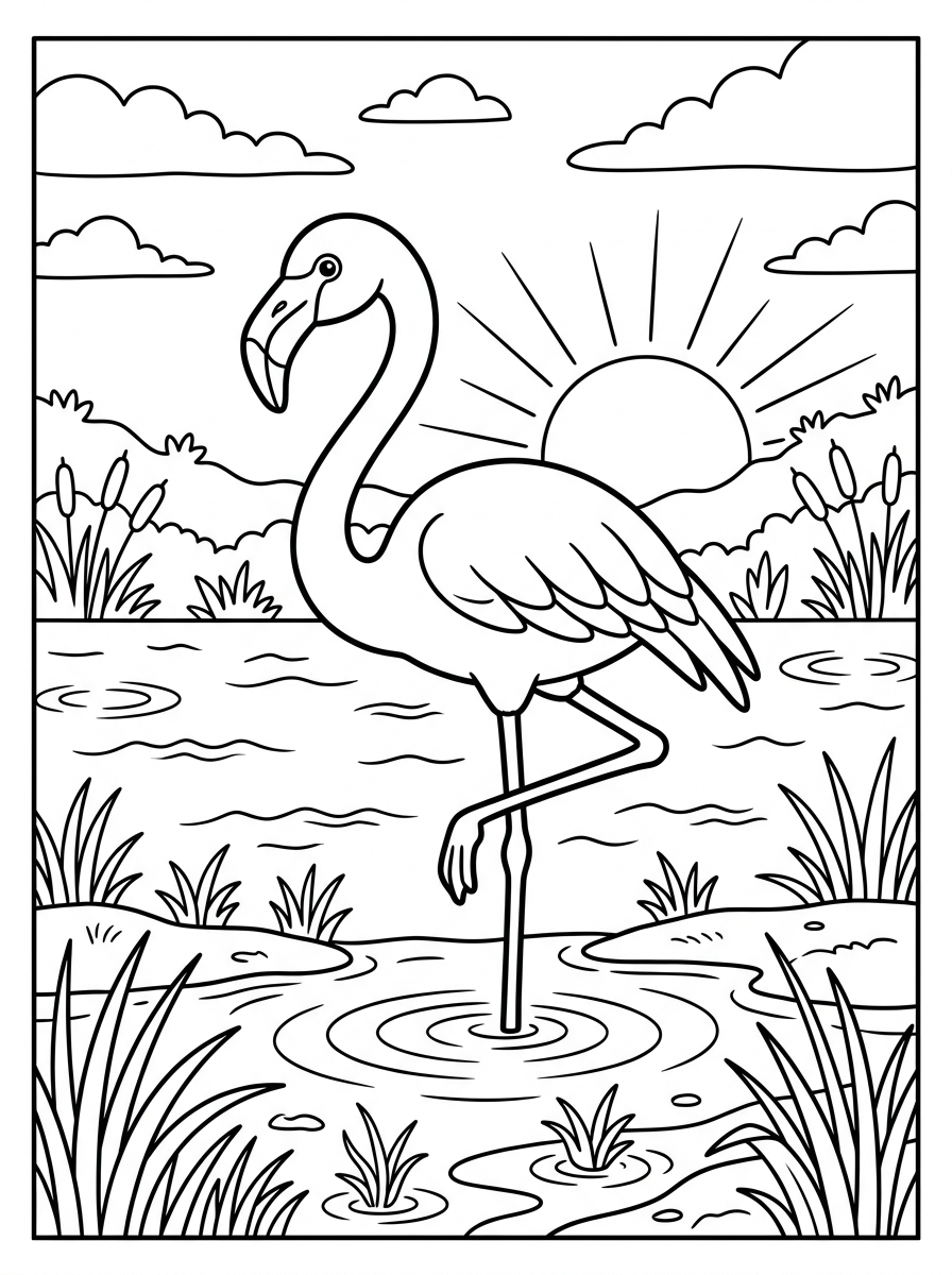 Flamingo i lagunen vid solnedgång