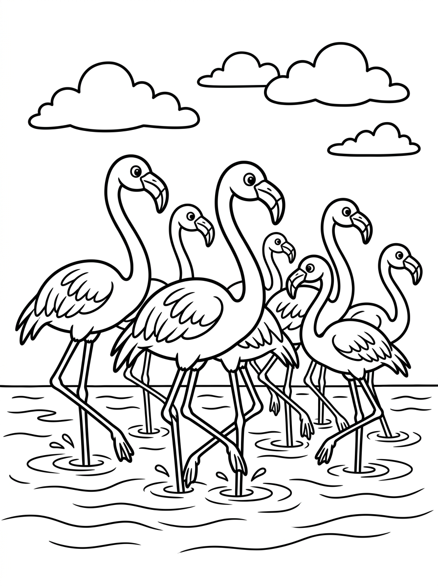 Flamingoflock vadar i vatten