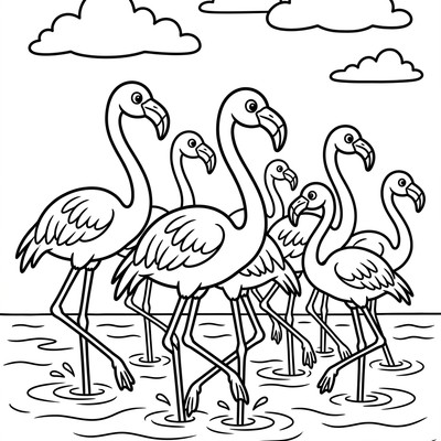 Flamingoflock vadar i vatten