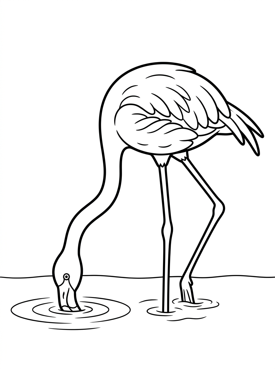 Flamingo äter med huvudet i vattnet