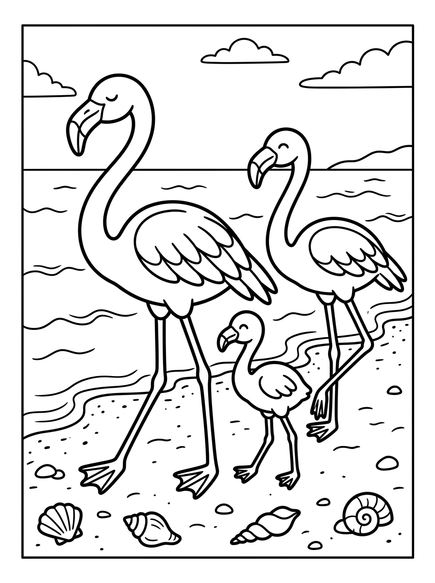 Flamingofamilj på stranden