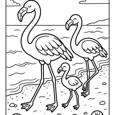 Flamingofamilj på stranden
