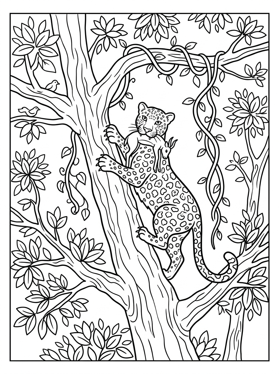 Leopard klättrar med byte i träd