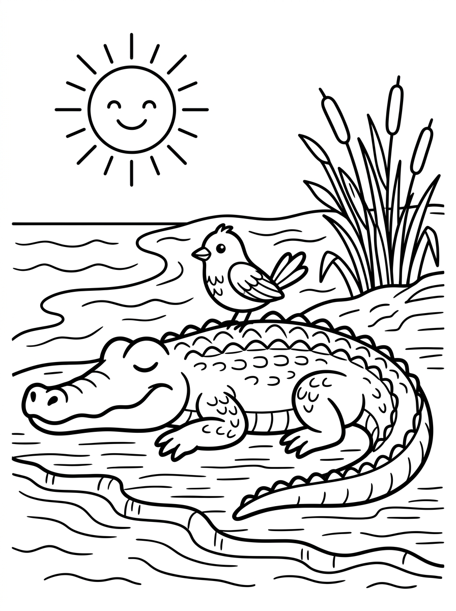 Krokodil och fågel vid floden