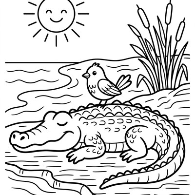Krokodil och fågel vid floden