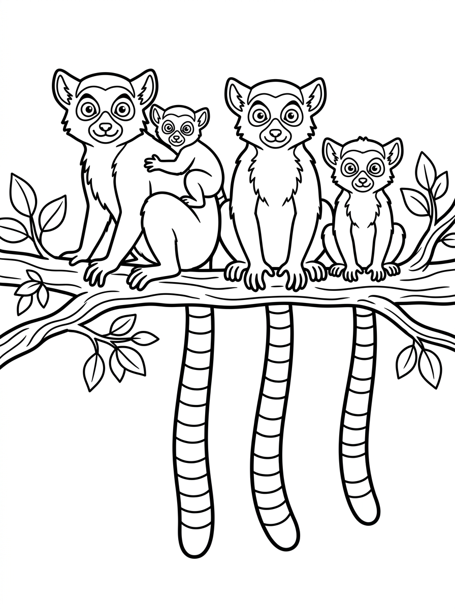 Lemurfamilj i rad på gren