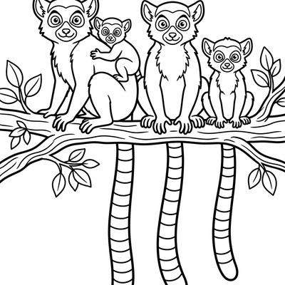 Lemurfamilj i rad på gren